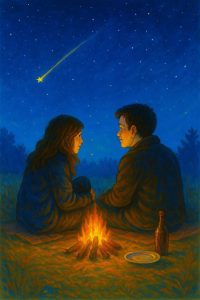 Boy and girl sitting by campfire under starry November night sky.