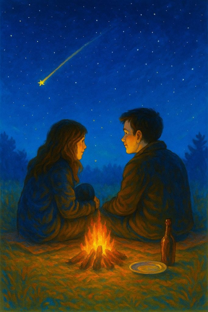 Boy and girl sitting by campfire under starry November night sky.
