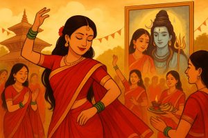 Women celebrating Teej festival in red sarees with dance, devotion, and prayer to Lord Shiva and Goddess Parvati