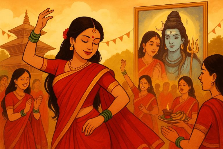 Women celebrating Teej festival in red sarees with dance, devotion, and prayer to Lord Shiva and Goddess Parvati