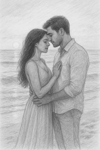 "My Beautiful Pearl – Romantic love poem by Sandeep Vhandari, symbolized by a glowing pearl in a seashell at sunset."