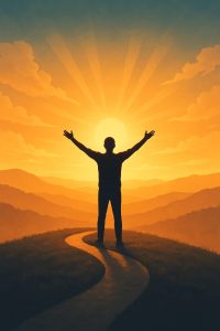 Silhouette of a person standing on a hill with arms raised towards a glowing sunrise, symbolizing hope and inspiration